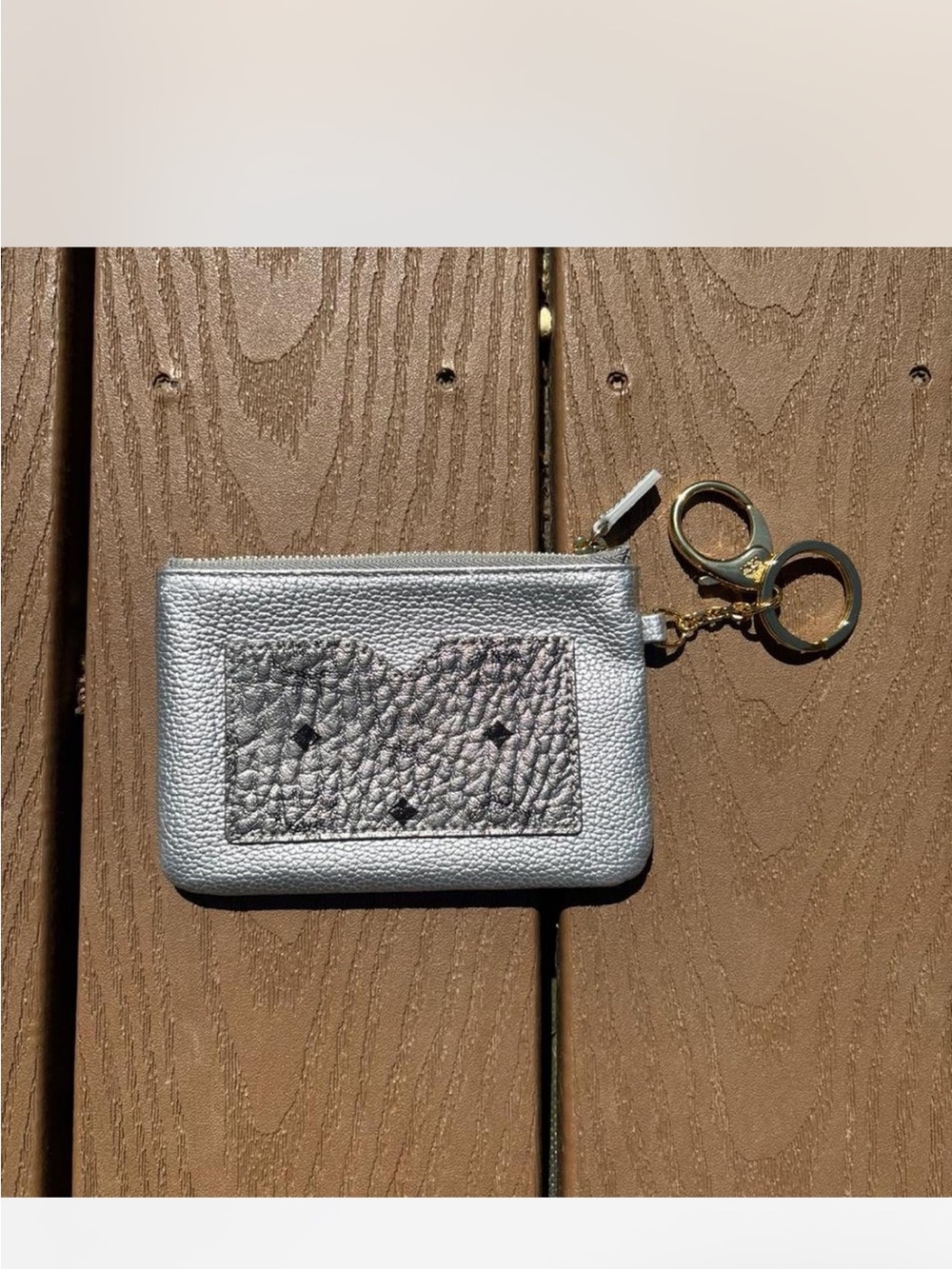MCM NWT Silver Leather Key & Card Pouch with Gold-Tone Keyring